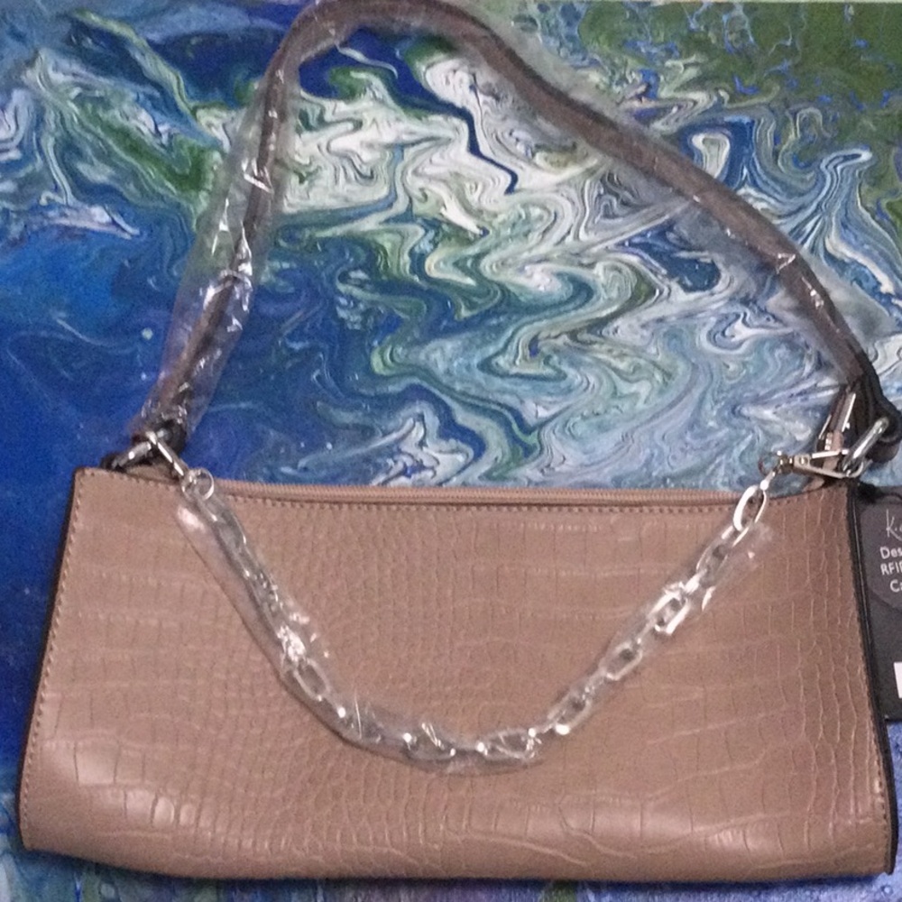 K. Carroll Taupe color Lauren Baguette Satchel. Vegan leather, croc texture